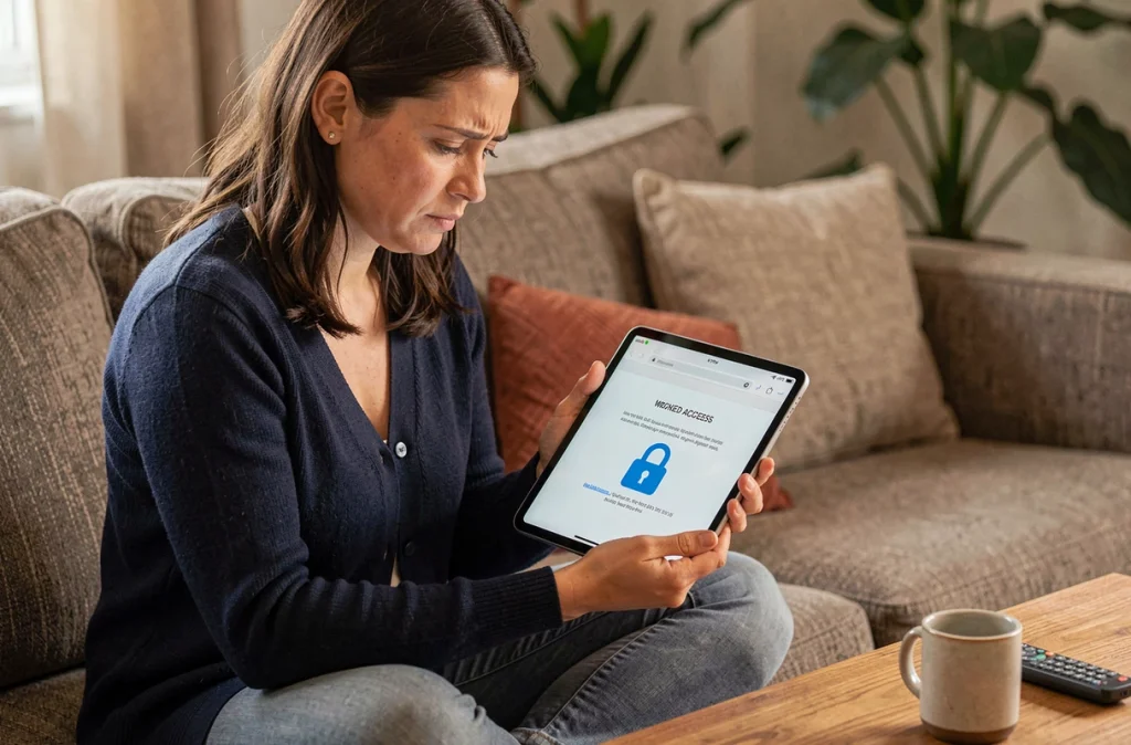 Femme consultante une tablette affichant une page d'erreur d'accès bloqué sur un site de streaming