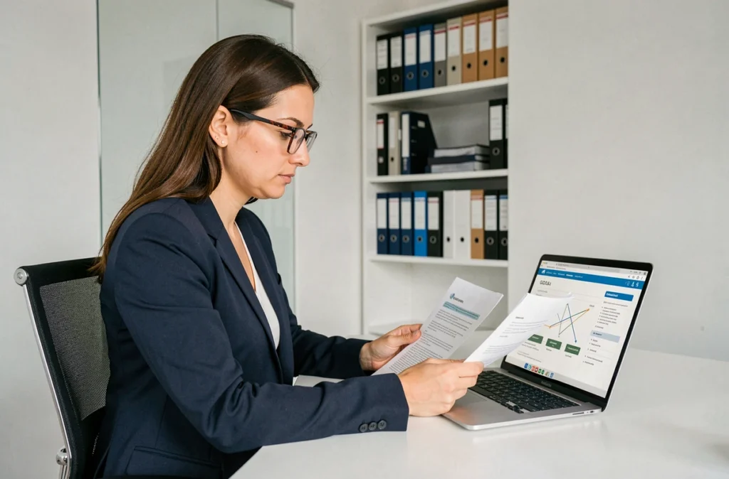 Professionnelle analysant des documents de conformité réglementaire liés à l'intelligence artificielle dans un bureau moderne