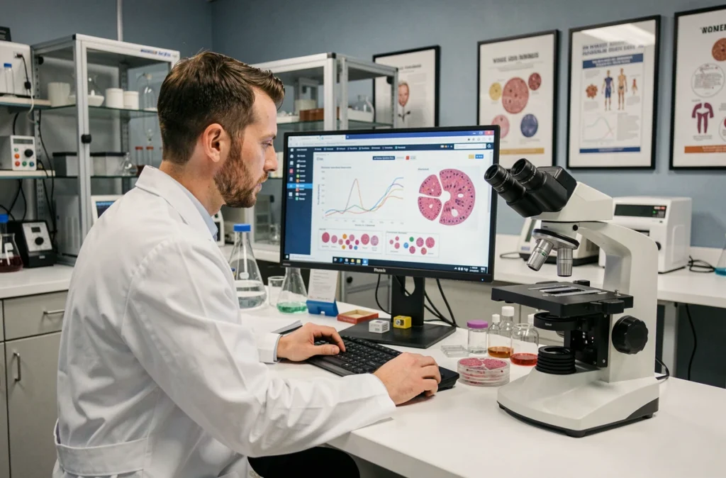 Scientifique étudiant des biomarqueurs analysés par intelligence artificielle dans un laboratoire de médecine de précision
