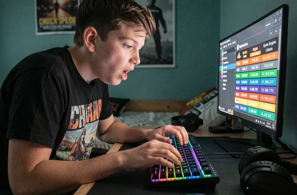 Adolescent en train de battre son record personnel de vitesse de frappe sur la barre espace d'un clavier mécanique gaming