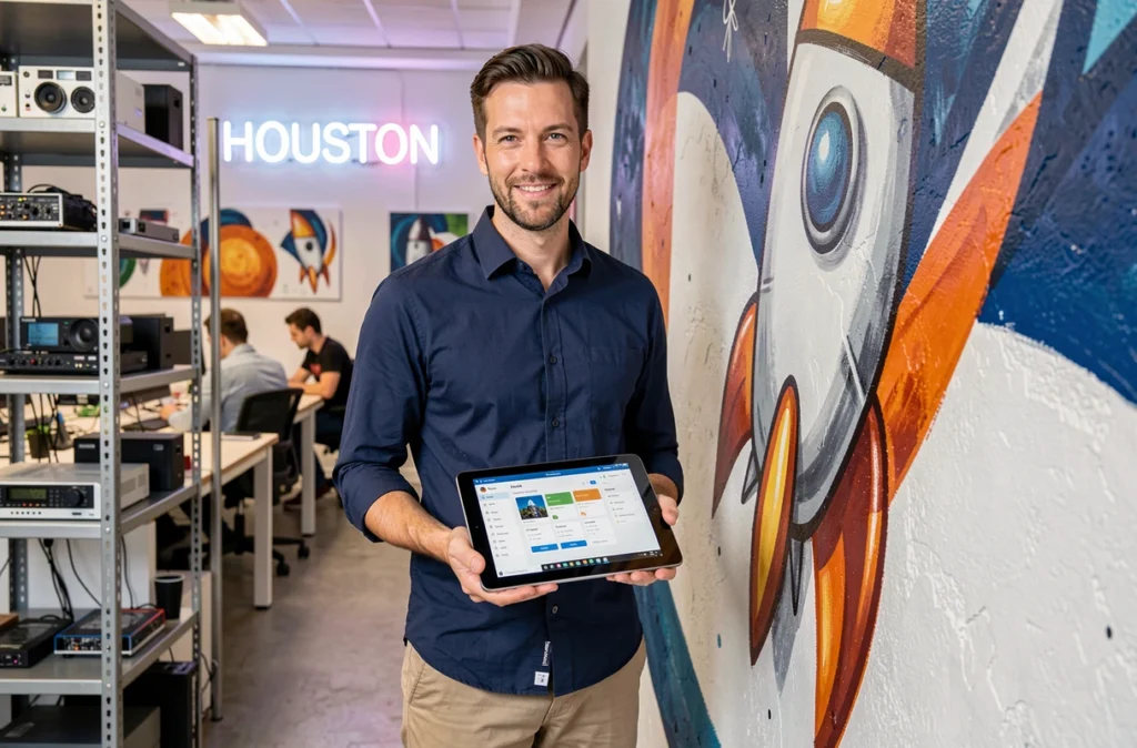 Chef de projet de l'agence ALLOHOUSTON présentant une application mobile dans un bureau startup parisien à l'ambiance spatiale