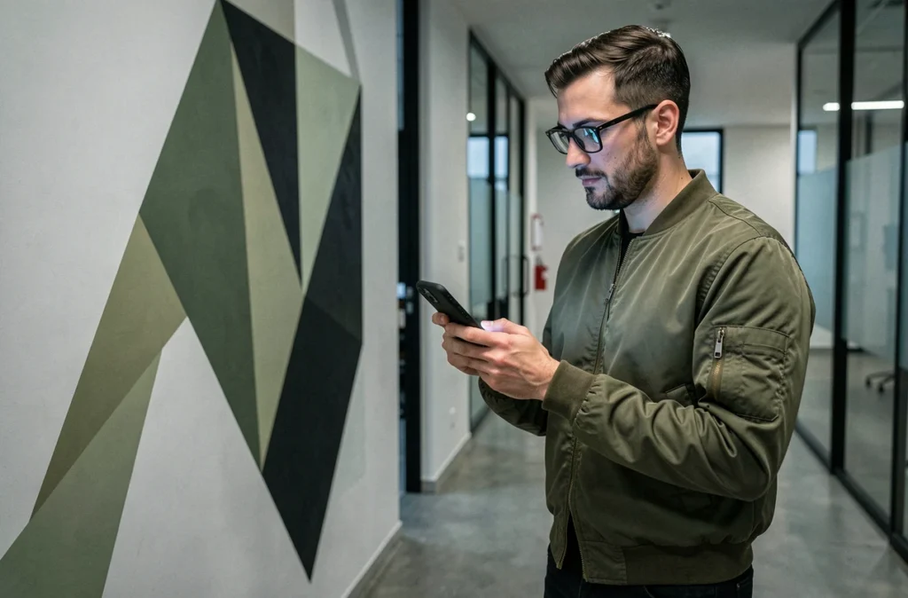 Ingénieur logiciel d'Alphalives examinant du code d'application mobile sur smartphone dans un campus tech parisien