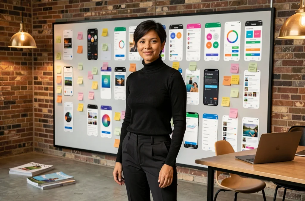 Directrice créative de l'agence Dernier Cri présentant des maquettes d'applications mobiles dans un studio parisien