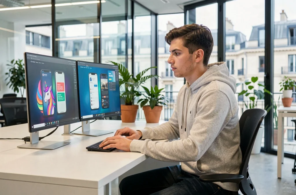Développeur de l'agence Digital Unicorn travaillant sur un prototype d'application mobile dans un espace de coworking parisien