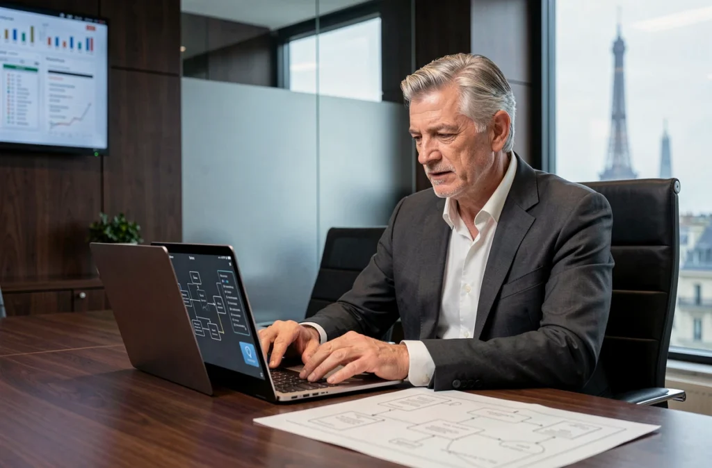 Consultant senior d'Euro Tech Conseil analysant l'architecture d'une application mobile dans une salle de réunion corporate à Paris