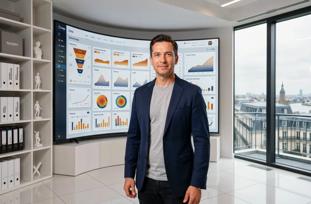 Stratège data de l'agence 55 (fifty-five) présentant des tableaux d'analyse d'applications mobiles dans un bureau premium à Paris