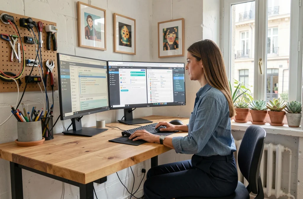 Développeuse full-stack de l'agence Galadrim travaillant sur des tableaux de bord d'application mobile dans un studio parisien