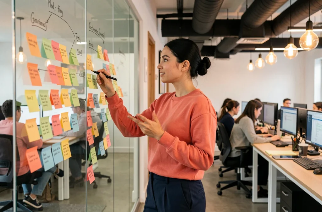 Développeuse de l'agence Mayasquad organisant les flux d'une application mobile sur un mur de post-its dans un bureau parisien
