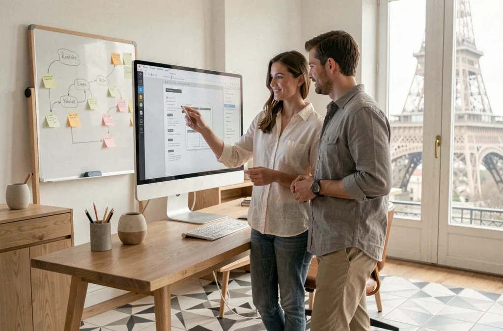 Designers de Yield Studio collaborant sur des wireframes d'application mobile dans un studio moderne à Paris