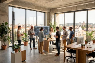 Bureau technologique moderne en Occitanie avec des professionnels travaillant autour d'écrans affichant des diagrammes d'intelligence artificielle