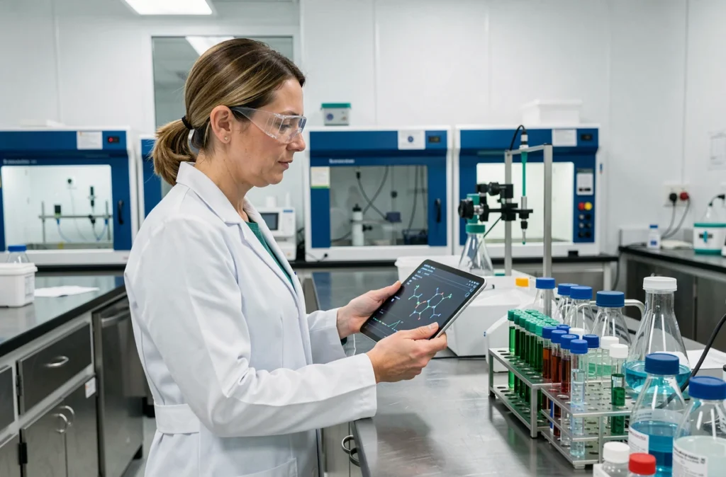 Chercheuse en biopharmacie consultant des résultats d'analyse IA sur tablette dans un laboratoire pharmaceutique moderne