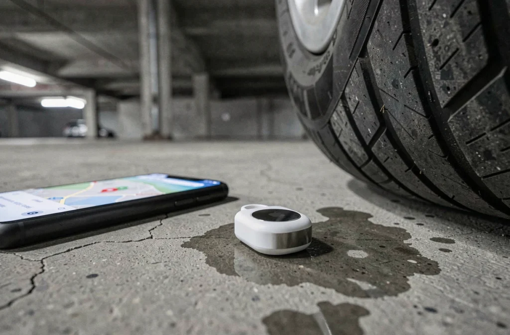 Gros plan d'un AirTag posé sur le sol en béton d'un parking souterrain près d'un pneu