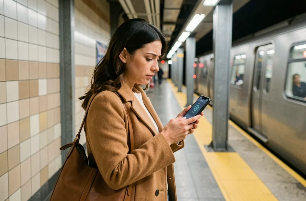 Femme consultant l'application Find My avec un AirTag dans une station de métro souterraine