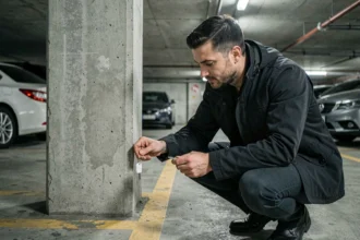 Homme attachant un AirTag à un porte-clés dans un parking souterrain en béton