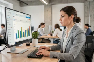 Femme analysant les statistiques de retour sur investissement d'une campagne d'emailing sur un grand écran de bureau