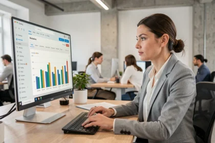 Femme analysant les statistiques de retour sur investissement d'une campagne d'emailing sur un grand écran de bureau