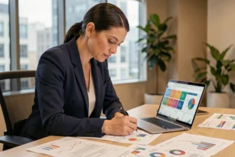 Analyste marketing femme étudiant des tableaux de bord de personnalisation publicitaire dans un bureau moderne avec données segmentées