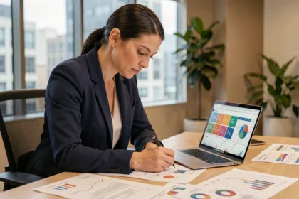 Analyste marketing femme étudiant des tableaux de bord de personnalisation publicitaire dans un bureau moderne avec données segmentées