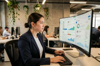 Jeune femme analyste SEO travaillant sur des tableaux de bord de référencement naturel dans un open space de start-up tech moderne