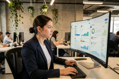 Jeune femme analyste SEO travaillant sur des tableaux de bord de référencement naturel dans un open space de start-up tech moderne