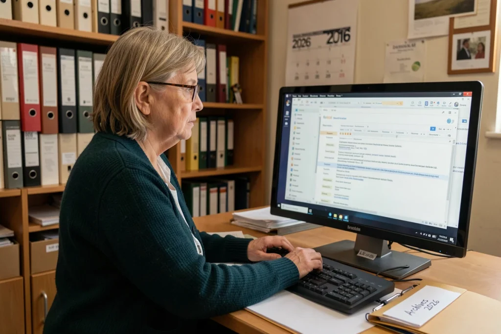 Enseignante archivant ses emails sur le webmail du rectorat de Montpellier avec un dossier papier Archives 2026 posé sur le bureau