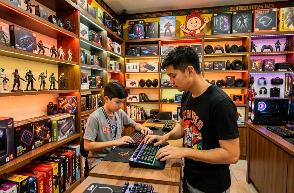 Boutique Asiatoyz avec accessoires gaming et informatique colorés, vendeur et client