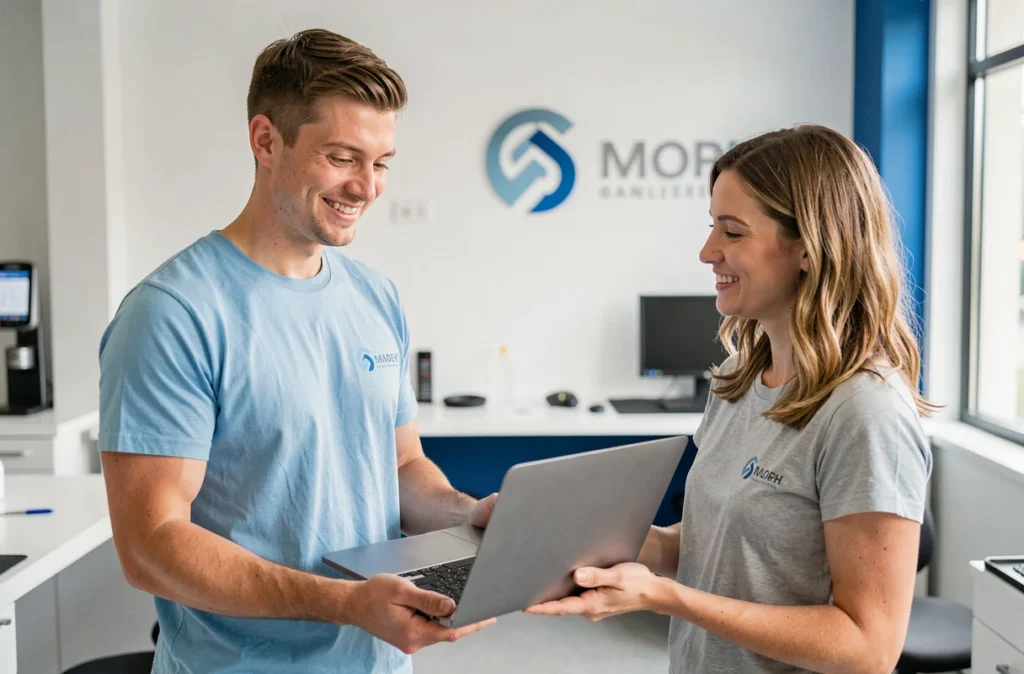 Ask Sky Informatique : technicien remettant un ordinateur réparé à un client satisfait