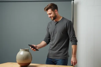 Technicien capturant une vidéo orbitale d'un objet pour la reconstruction 3D avec NeRF