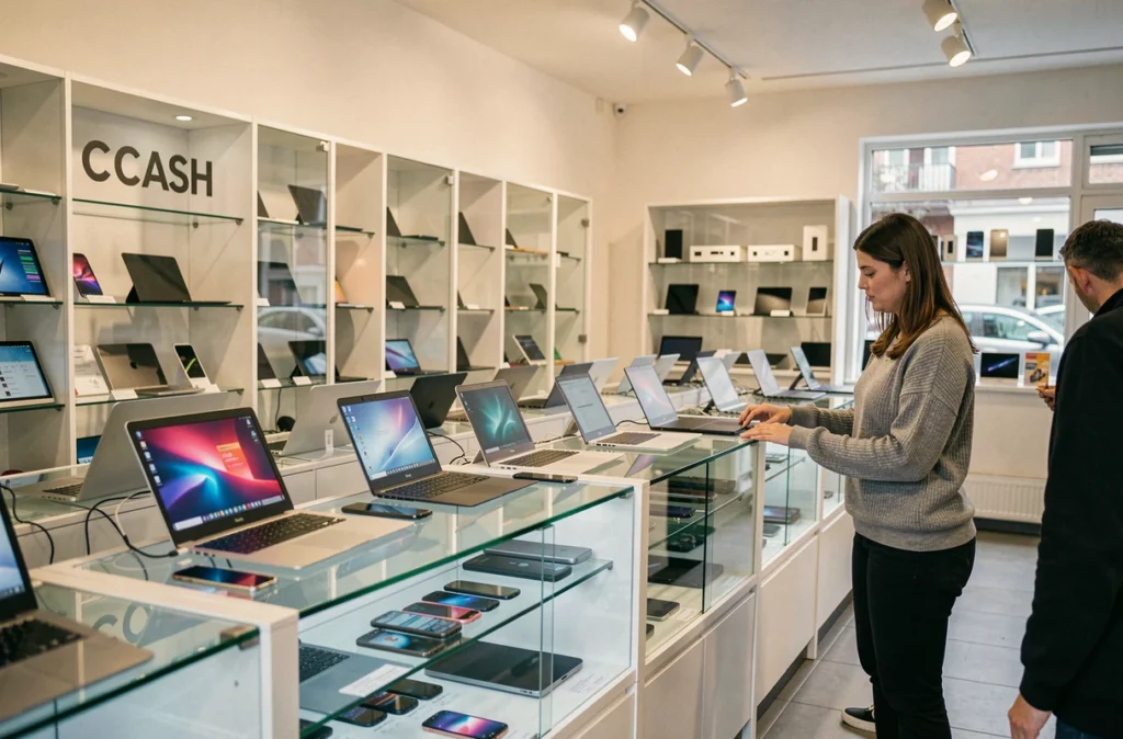 Boutique C'CASH Grenoble avec rayons d'ordinateurs reconditionnés et vendeur en action