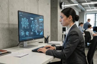 Femme professionnelle analysant une interface d'intelligence artificielle dans un bureau moderne en 2026