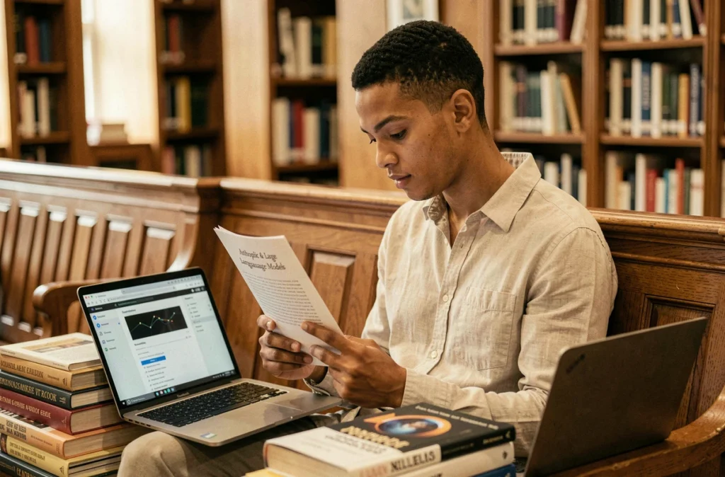 Personne lisant un document sur l'origine de l'IA Claude et Anthropic dans une bibliothèque universitaire