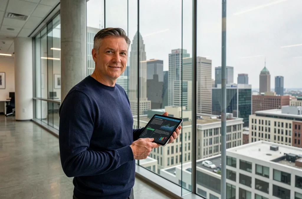 Chercheur en intelligence artificielle consultant des données sur tablette face à une vue urbaine