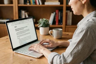 Femme tapant sur un clavier MacBook pour saisir des accents espagnols sous macOS dans un bureau à domicile