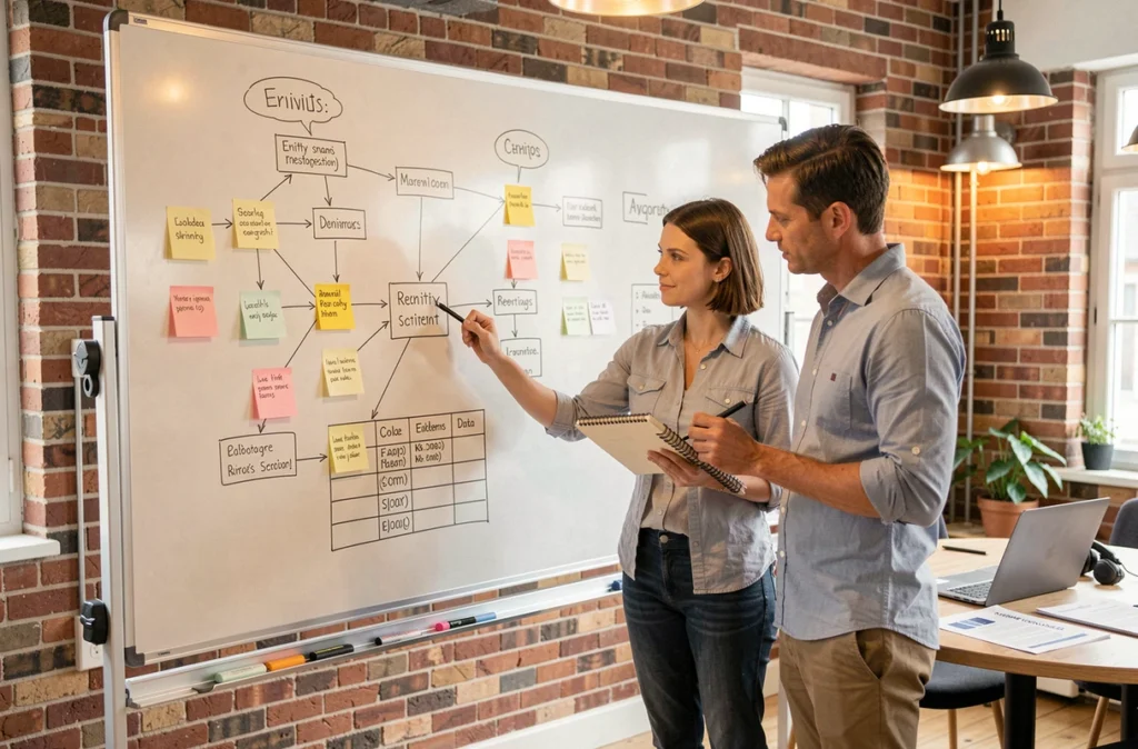 Deux professionnels collaborant sur un audit SIG devant un tableau blanc couvert de diagrammes entité-association et de schémas de données géographiques