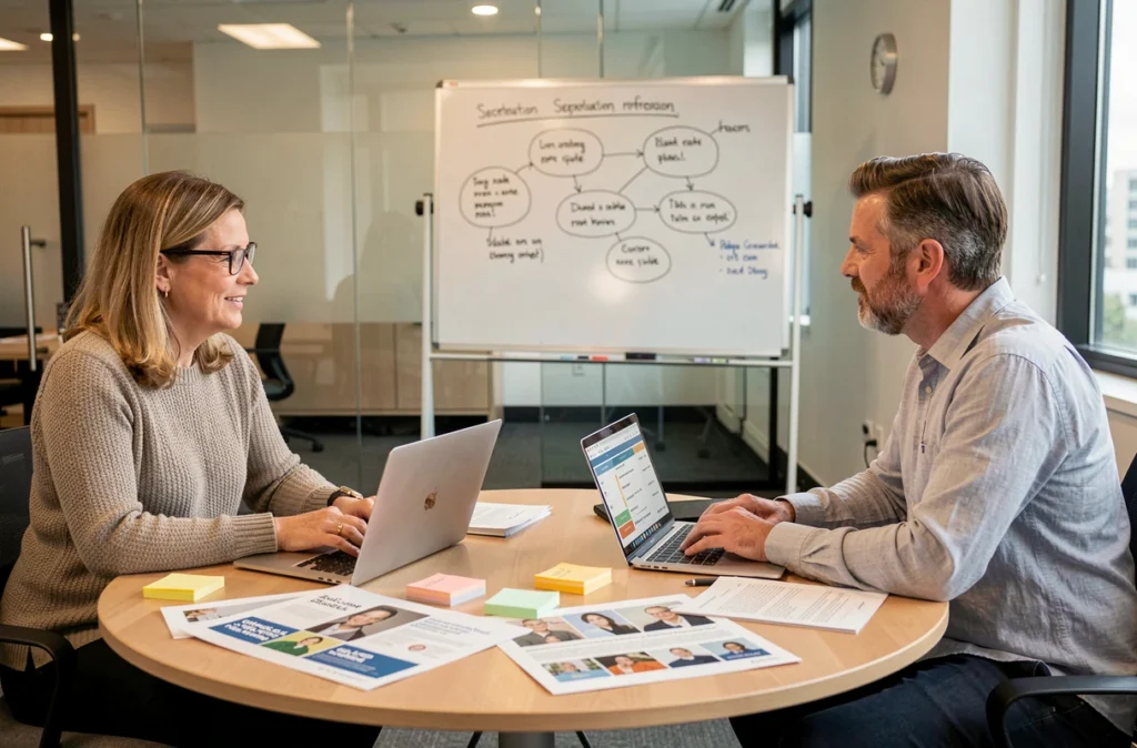 Deux professionnels du marketing collaborant sur une stratégie de personnalisation publicitaire avec des profils clients et maquettes de campagne