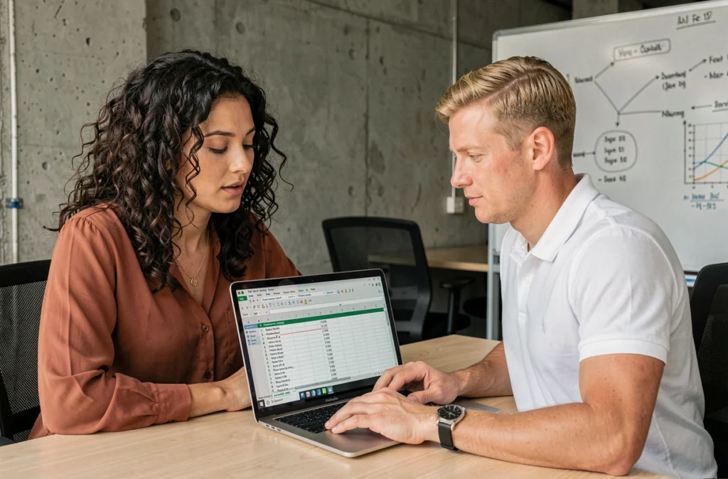 Deux collègues collaborant sur Excel pour transposer des données en convertissant des lignes en colonnes dans un espace de coworking