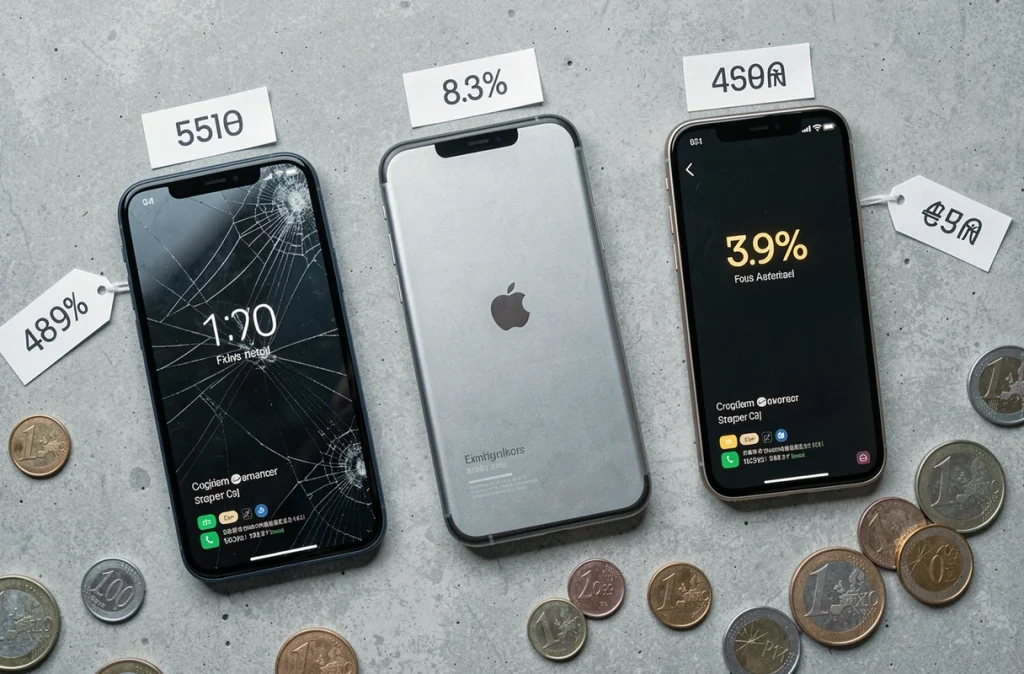 Comparaison flat-lay de trois smartphones à différents prix sur surface béton, rapport qualité prix téléphone 2026