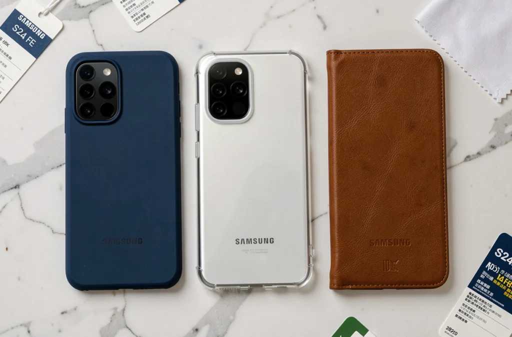 Comparatif de trois coques différentes pour Samsung Galaxy S24 FE sur marbre blanc
