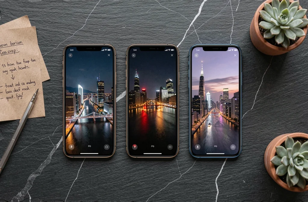 Comparatif flat-lay de trois smartphones haut de gamme affichant des photos en mode nuit sur fond ardoise