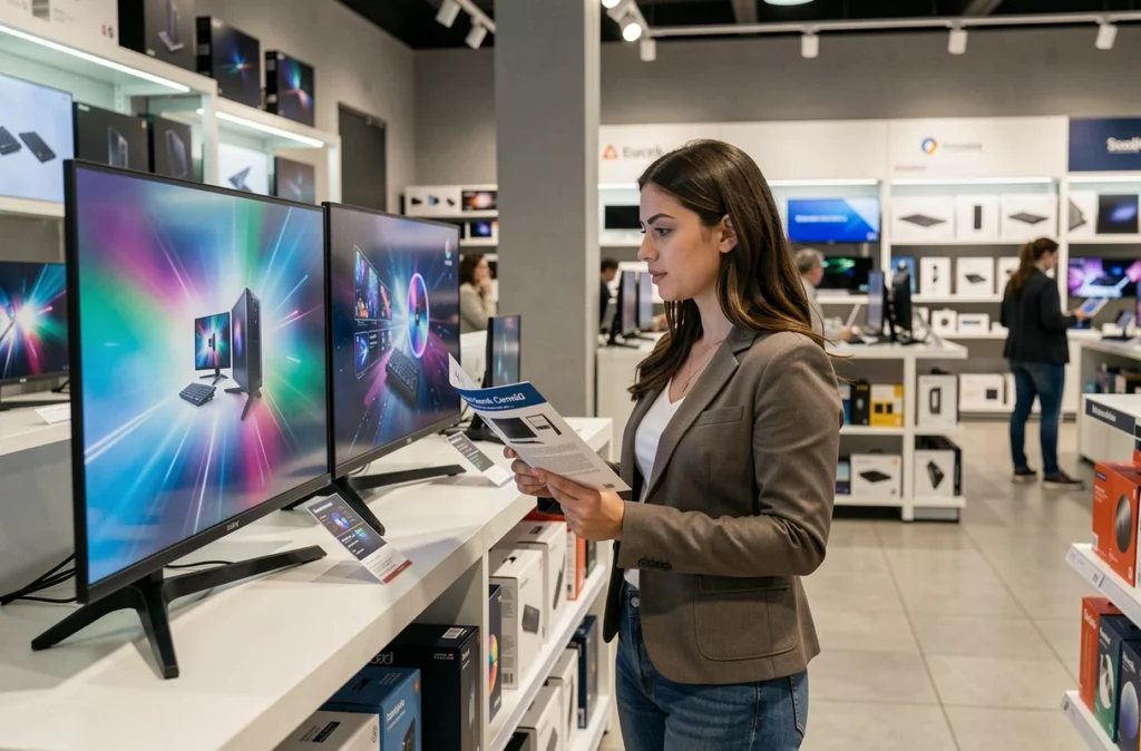 Femme comparant deux moniteurs OLED 1440p gaming dans un magasin d'électronique, guide d'achat en main
