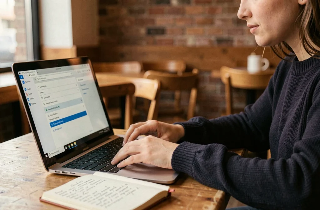 Jeune femme consultant ses notes pour configurer les accents espagnols sur le clavier de son ordinateur portable dans un café
