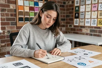 Jeune femme dessinant des concepts de logo dans un carnet sur un bureau en bois, entourée de références typographiques et de palettes de couleurs