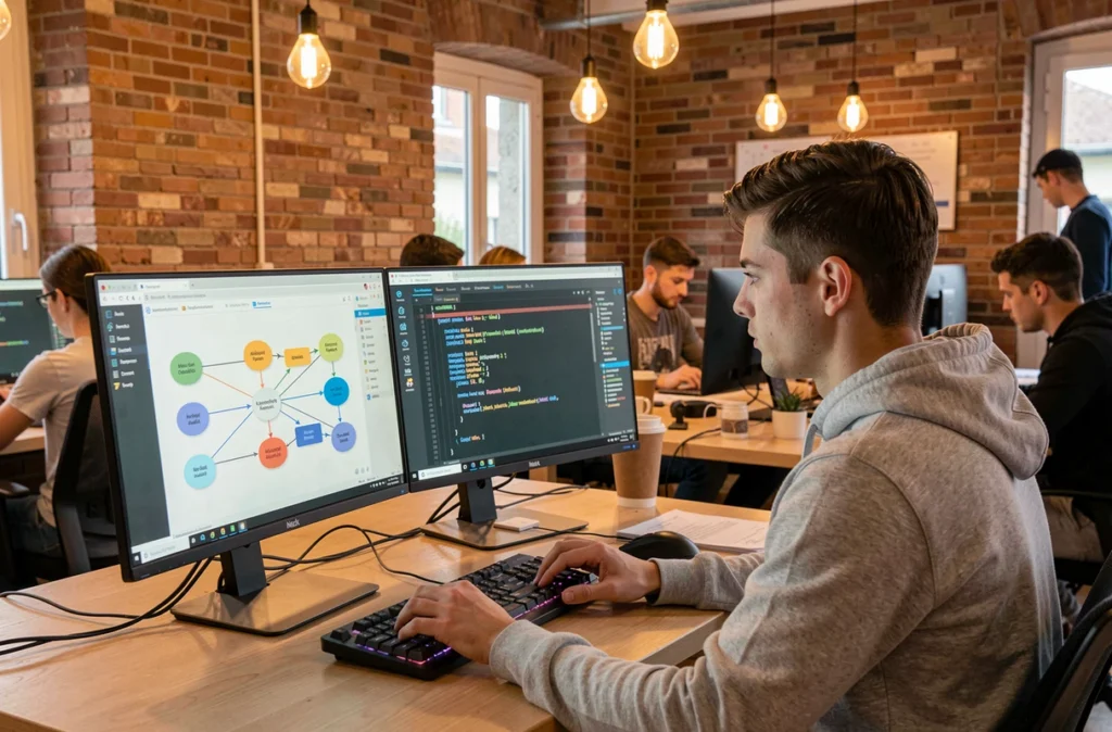 Développeur logiciel travaillant sur des agents IA dans un espace de coworking moderne à Montpellier