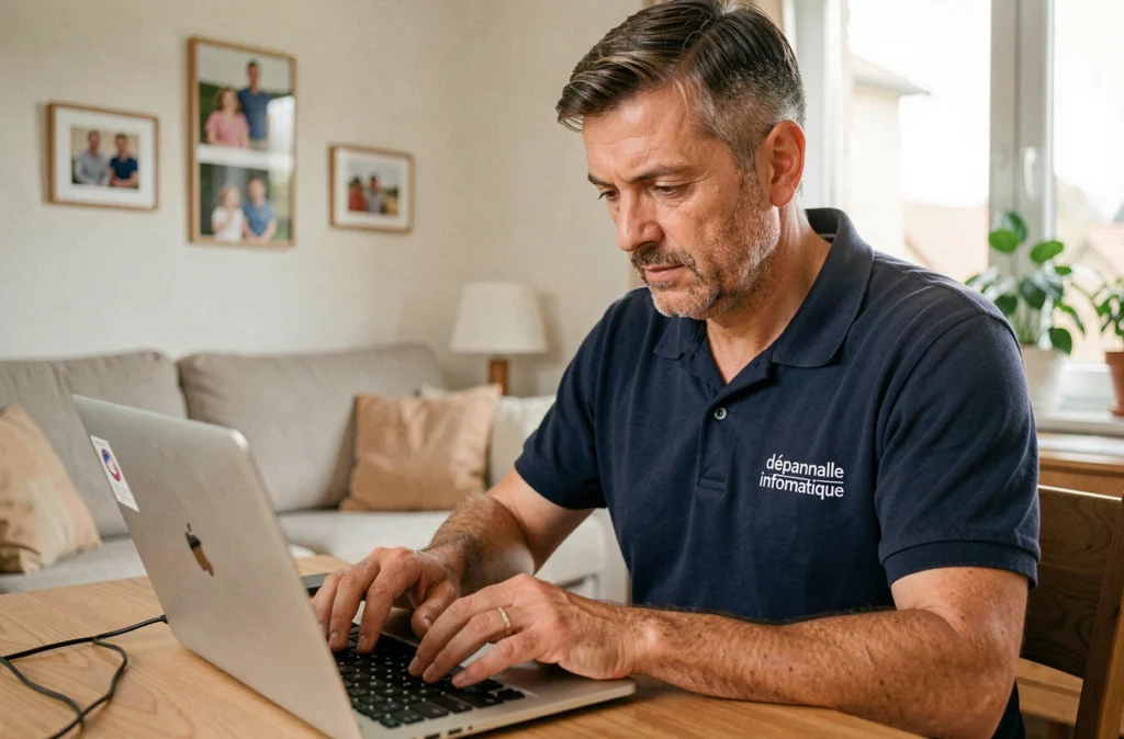 Technicien de DEPAN'A DOM PRO INFO SERVICES 38 réparant un ordinateur au domicile d'un client