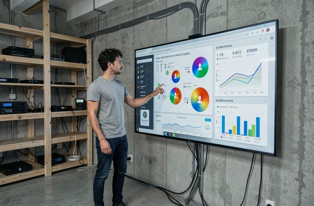 Développeur data analysant des graphiques comportementaux et métriques publicitaires sur un grand écran tactile interactif en startup