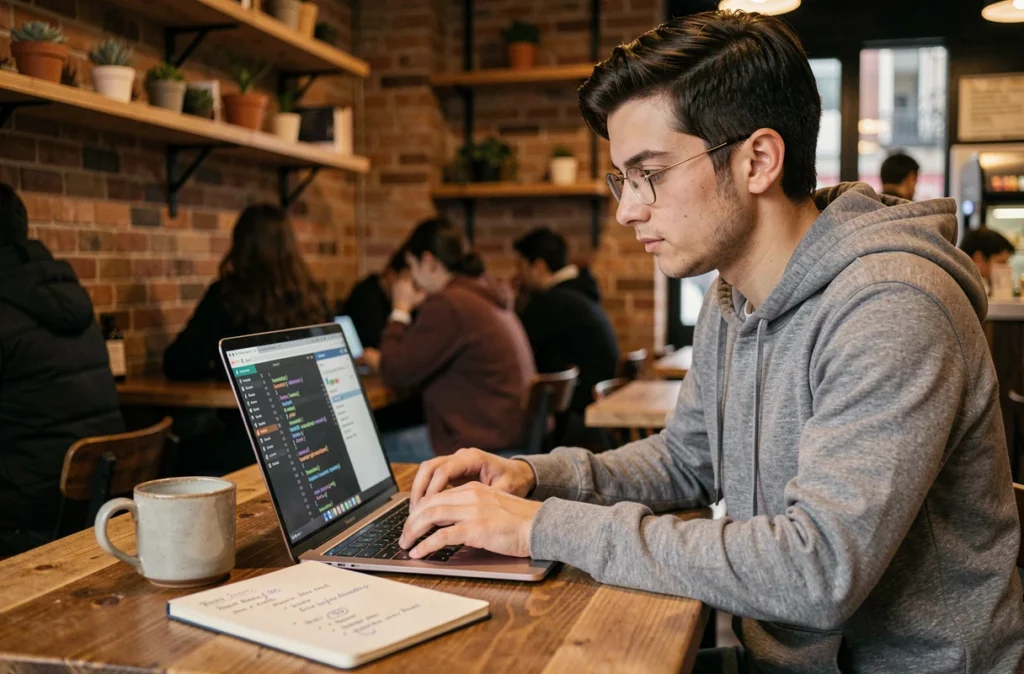 Développeur freelance de start-up tech travaillant sur le référencement naturel de son site dans un café urbain