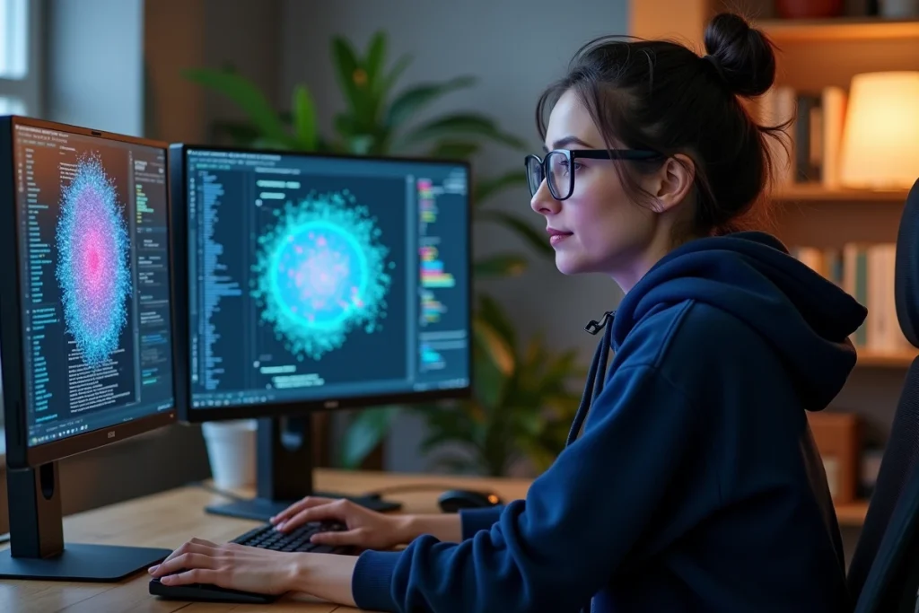 Développeuse travaillant sur un rendu NeRF avec visualisation de nuage de points 3D