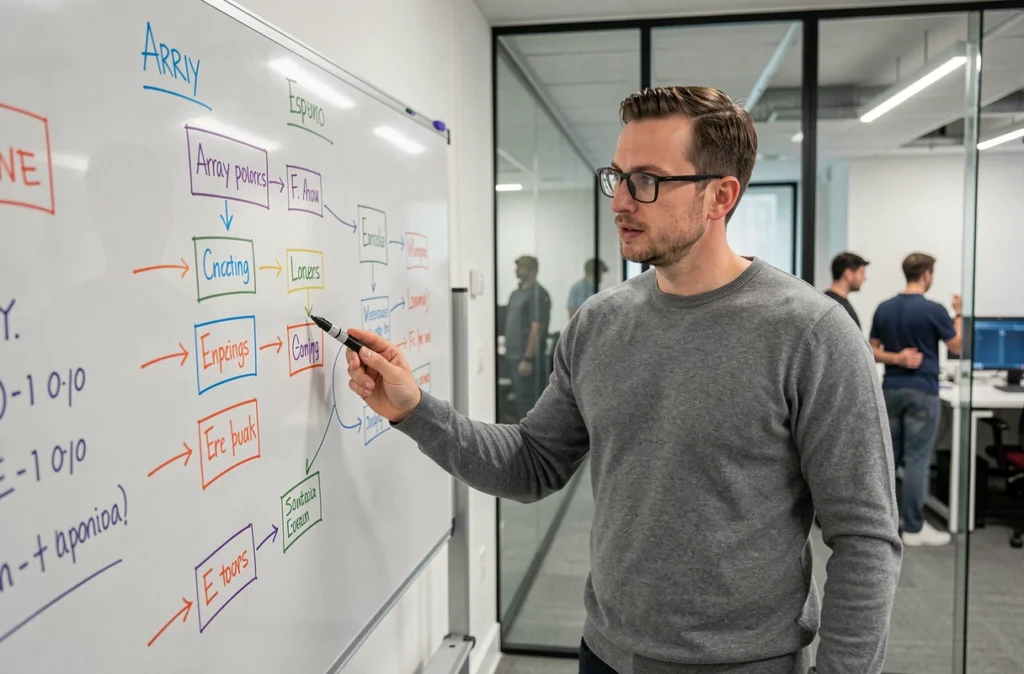 Développeur expliquant le fonctionnement de append sur une liste Python devant un tableau blanc avec des schémas