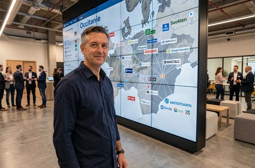 Analyste présentant une cartographie interactive de l'écosystème IA en Occitanie sur un mur d'affichage numérique dans un hub technologique