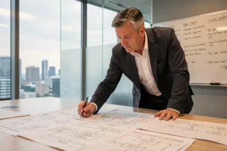 DSI analysant des schémas de base de données et diagrammes MCD sur une table de réunion pour auditer un système d'information géographique existant